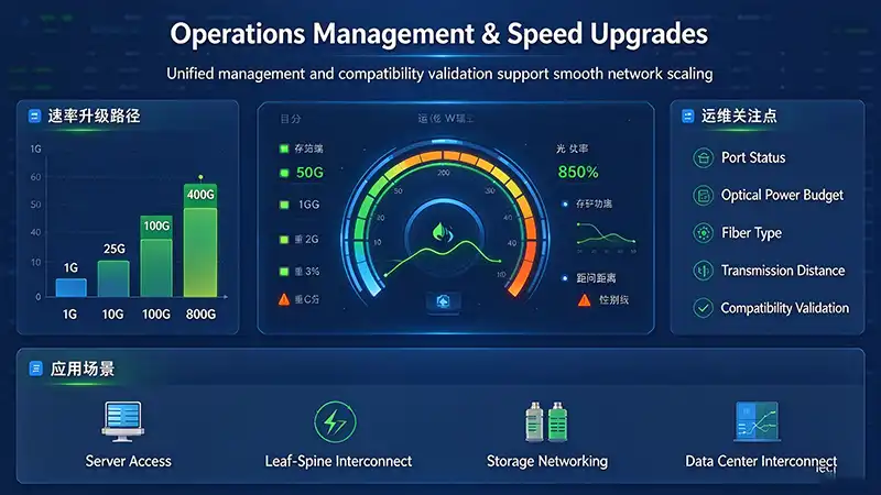 Optical transceiver operations management, speed upgrades, and compatibility validation for data center networks